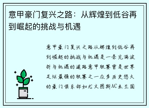 意甲豪门复兴之路：从辉煌到低谷再到崛起的挑战与机遇