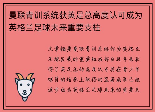 曼联青训系统获英足总高度认可成为英格兰足球未来重要支柱